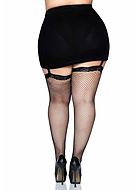 Thigh high stockings, small fishnet, lace edge, plus size